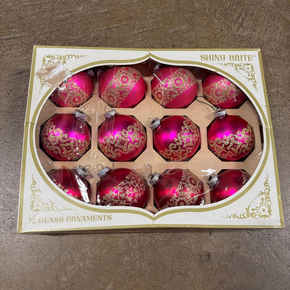 Shiny Brite Vintage Christmas Ornaments Fuchsia Pink Gold Glitter Stenciled 12ct